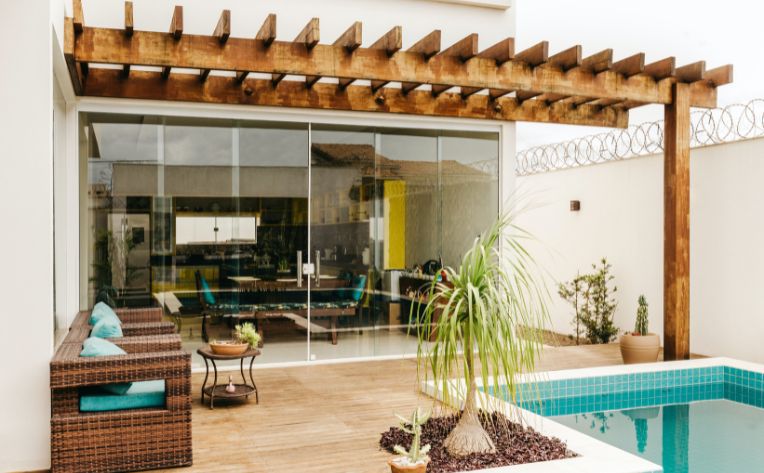 tile in resort style backyard pool